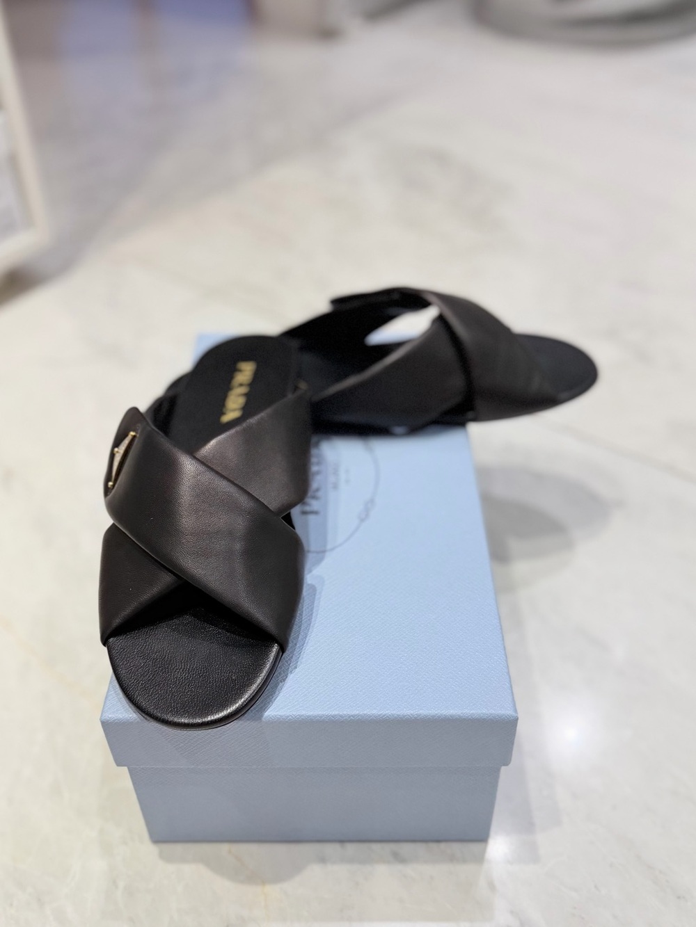 Prada Soft nappa padded Black Slide Sandals with metal gold logo - Picture 1 of 6
